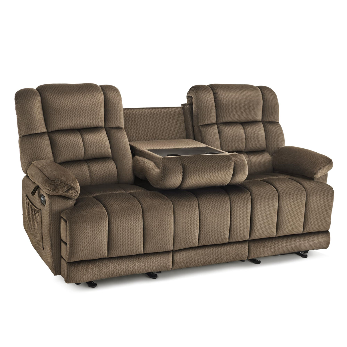 MCombo Zero Gravity Power Recliner Sofa with Drop Down Table, Heat and Vibration Massage, 3 Seater Dual Reclining Couch with USB Ports, Cup Holders for Living Room, Fabric RS6236 (Dark Brown) MCombo