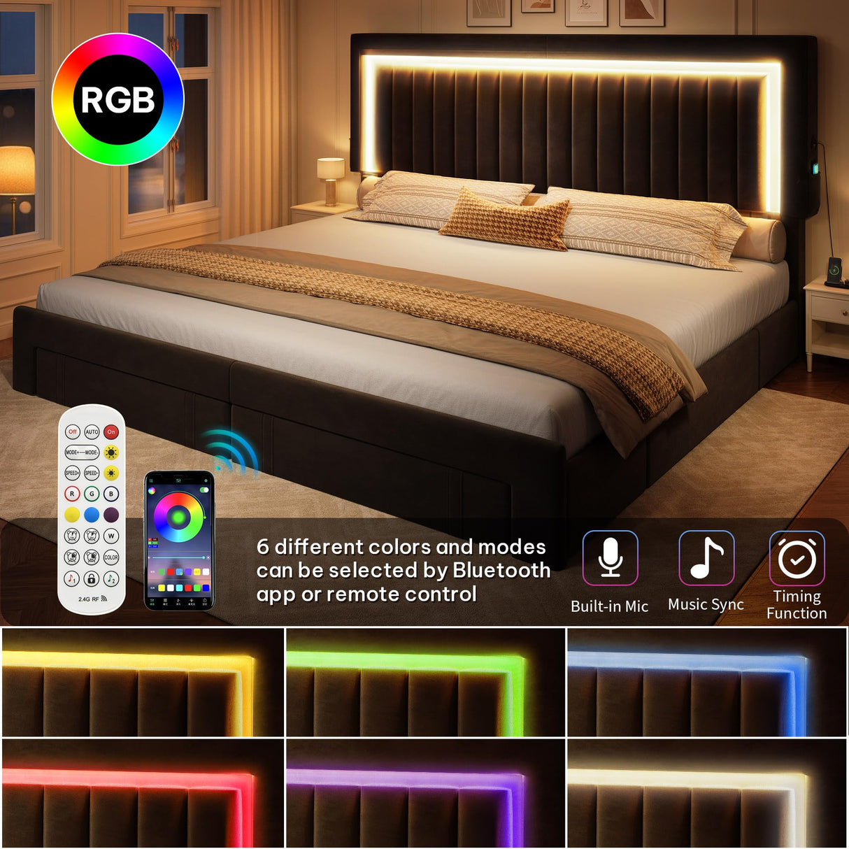 DWVO King Size Bed Frame with Adjustable Headboard, 4 Storage Drawers and RGB LED Lights, Velvet Upholstered Platform Bed with USB Ports, No Box Spring Needed, Fast Assembly, Noise-Free, Black DWVO
