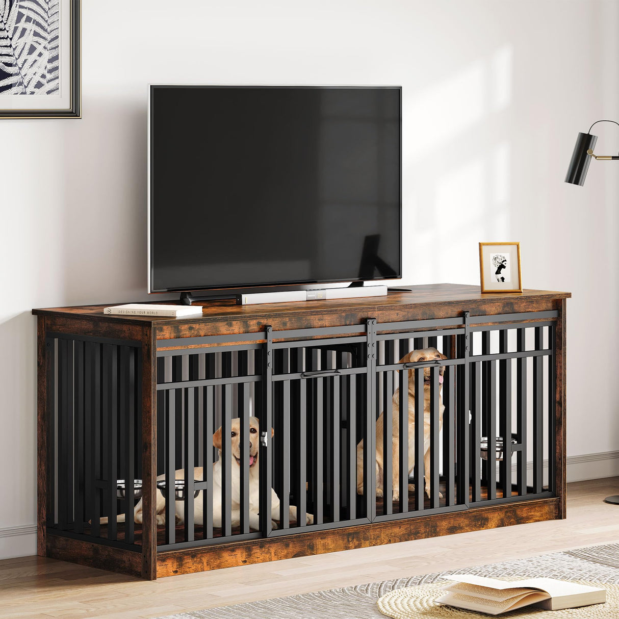 DWVO 71" Double Dog Crate Furniture for 2 Medium Dogs, Heavy Duty Wood Dual Dog Kennel TV Stand with Sliding Doors, Decorative Wooden 2 Dog Cage Table with Dog Bowls for Extra Large Dogs Rustic Brown DWVO
