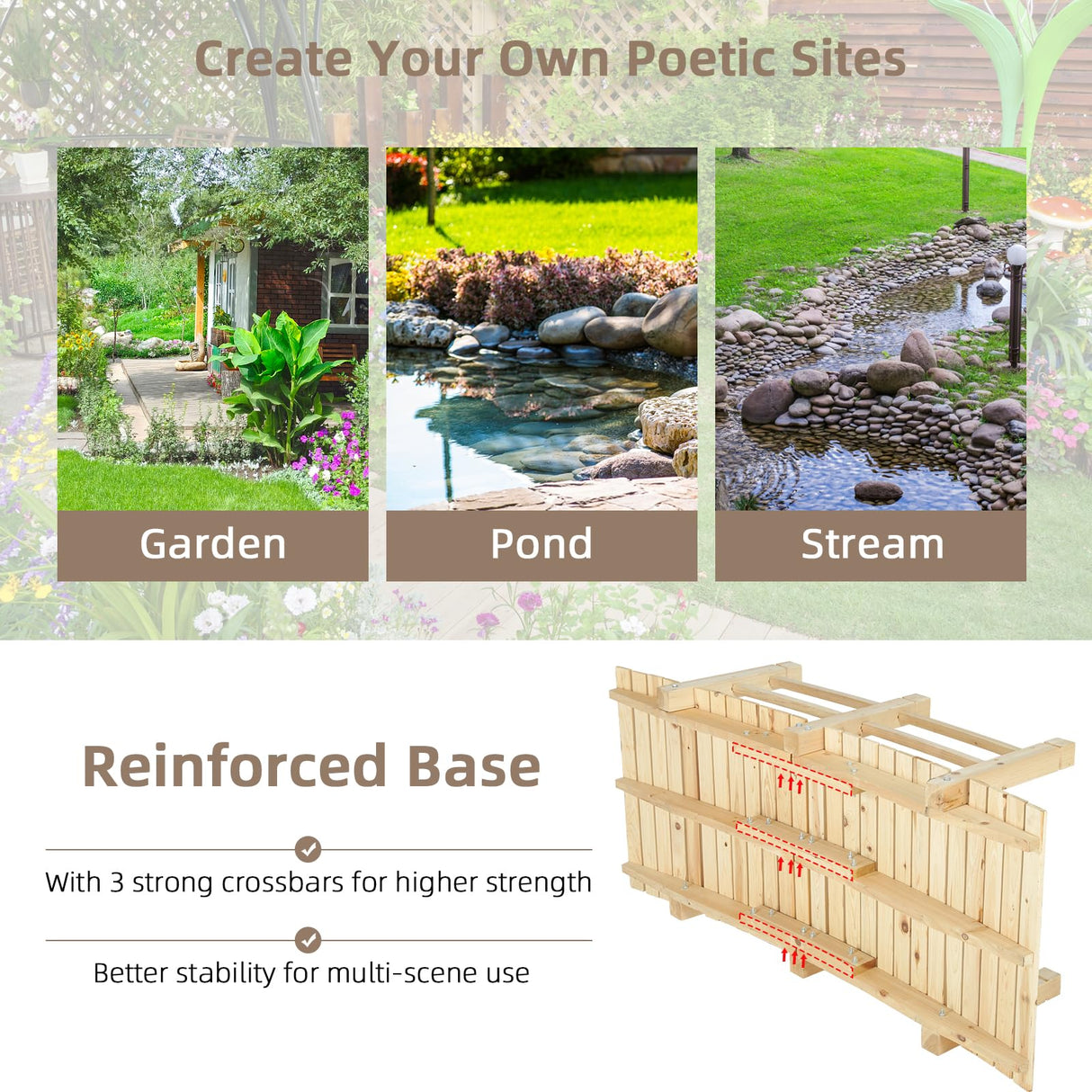 EPICOZY Wooden Garden Bridge Classic Wooden Arch Footbridge with Safety Railings, 530 lbs Capacity, Decorative Pond Bridge Landscaping for Outdoor Garden Yard Backyard Creek Farm, Natural EPICOZY