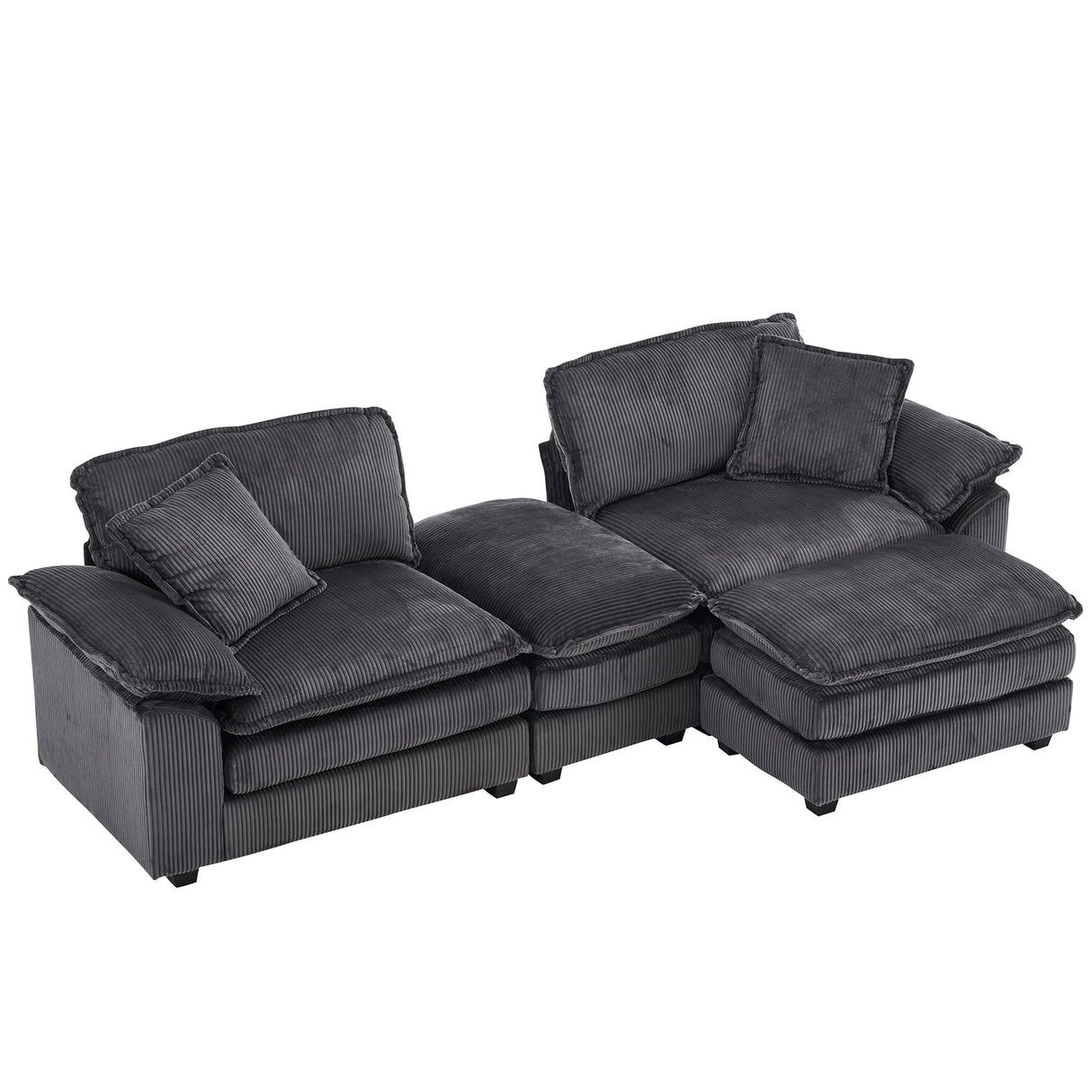 84.6'' Modular Sectional Sofa for Living Room, Comfy Corduroy Double Layer Upholstered Loveseat Sofa, Sleeper Sofa Cloud Couch with Moveable Ottoman, 2 Pillows and Detachable Armrest, Grey SLEERWAY