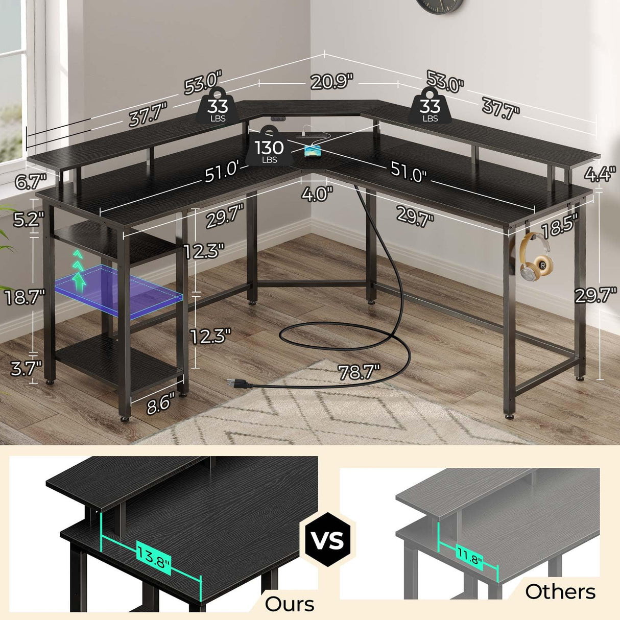 Rolanstar L Shaped Gaming Desk with LED Lights & Power Outlets, 53" Computer Desk with Full Monitor Stand & Storage Shelf, Corner Desk with Hooks, Black Desk Reversible Rolanstar