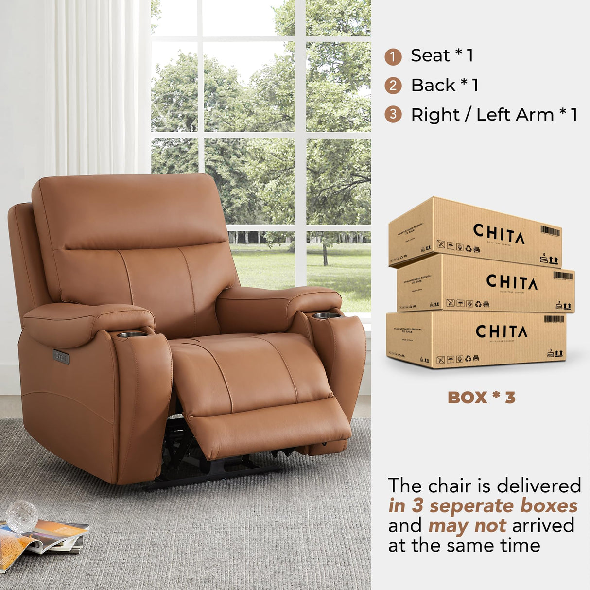 CHITA Power Zero Gravity Recliner Chair, Genuine Leather Recliner Chair for Adults, Adjustable Reclining Sofa Lounge with Hidden Slide-Out Cupholders, USB and Type-C Ports, Saddle CHITA