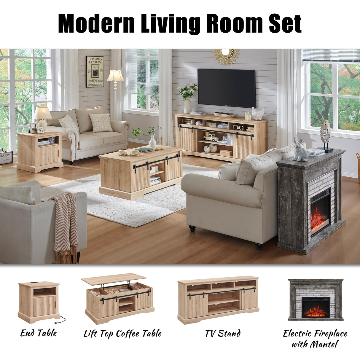 Aitjunz 45" Flip Top Electric Fireplace with Mantel, Electric Fireplace Heater, TV Stand with Freestanding Electric Fireplaces, Remote Control, Adjustable Flame Level for Living Room (Light Grey) Aitjunz