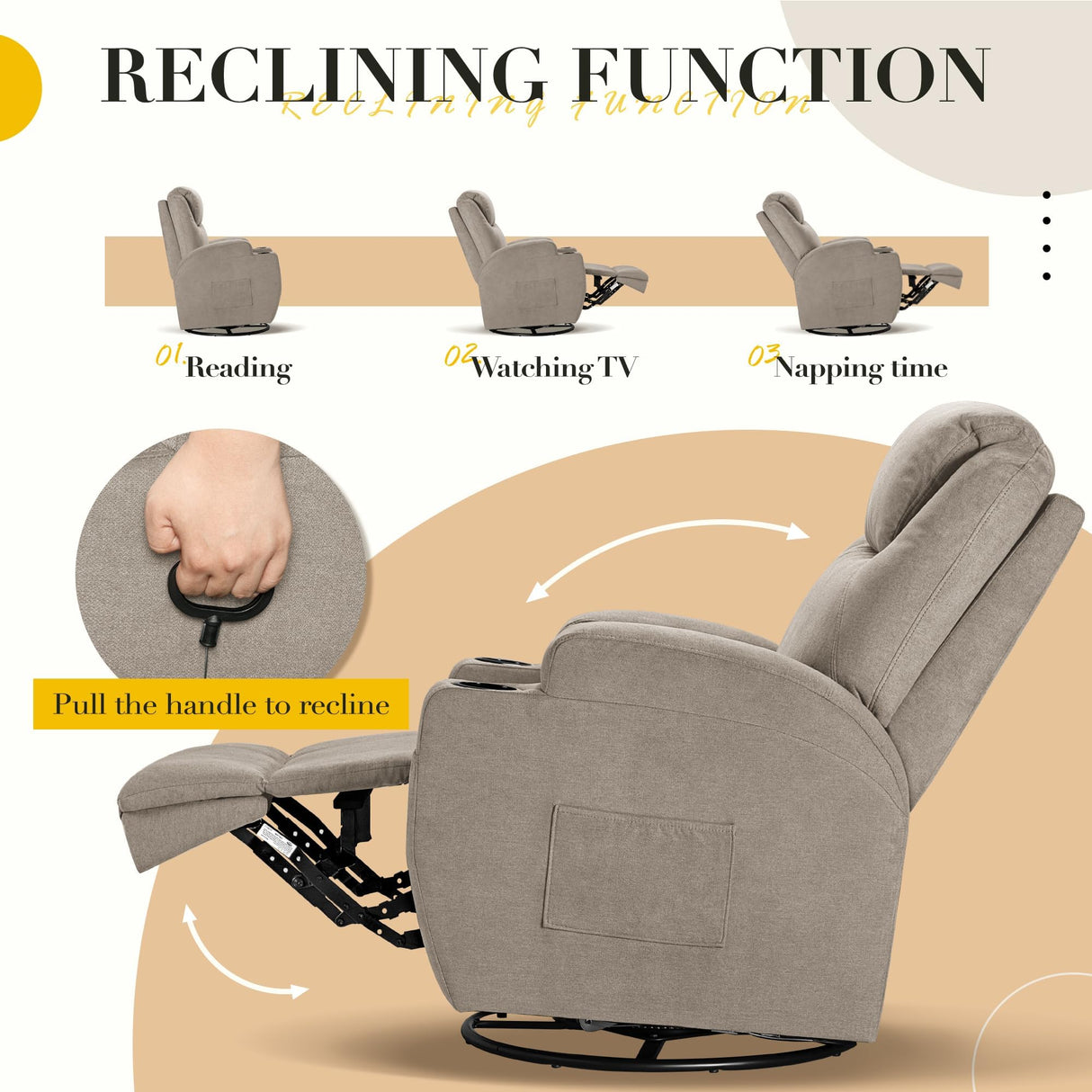 Recliner Chair, 360° Swivel Rocker Chair for Adults, Rocking Recliner Chair with Massage, Comfy Single Sofa with Side Pockets Cup Holders for Living Room, Bedroom, Nursery (Fabric, Khaki) Furmax