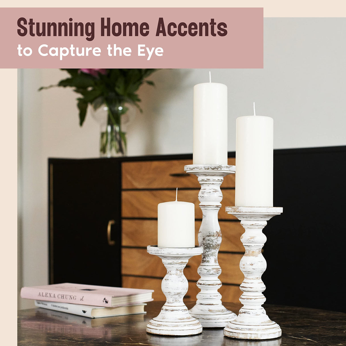 Large Candle Holders for Pillar Candles - Rustic Farmhouse Style Home Decor - Perfect for Table Centerpieces, Coffee Table or Fireplace Mantel - 3 Piece Set - White Luxe Designs