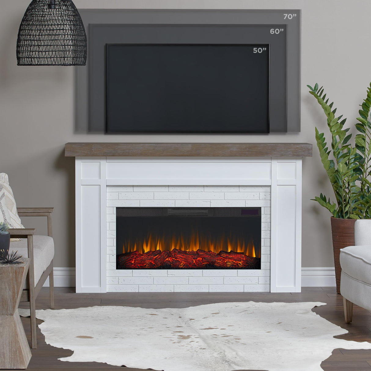Real Flame Cravenhall Landscape Electric Fireplace with Mantel for Living Room or Bedroom, Replaceable Fireplace Insert Heater, Realistic Log and Flame Effect, Remote Control, Timer, White Real Flame