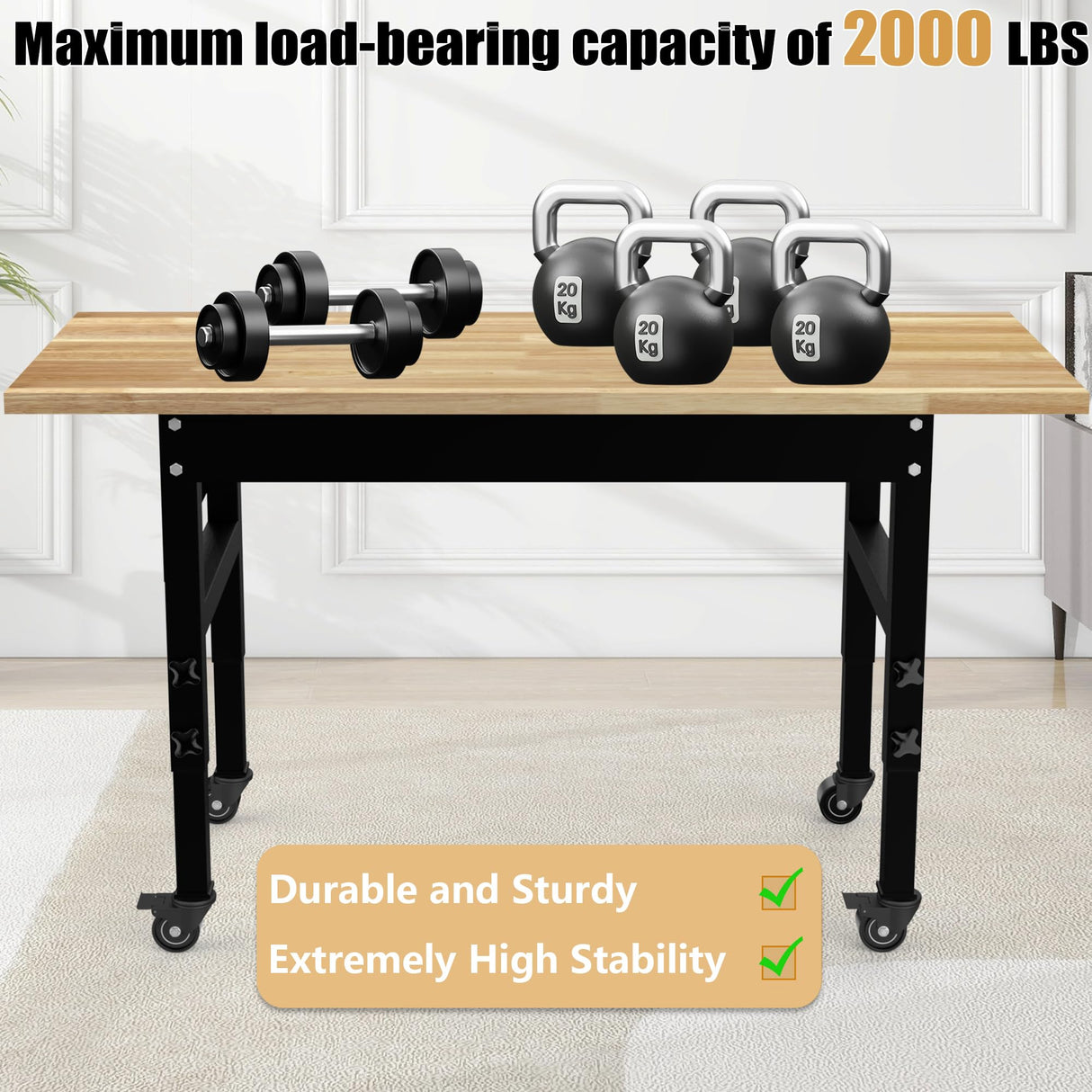 60" Adjustable Workbench,Multifunctional Rolling Heavy Duty Workbench with Wheels,Suitable for Large Capacity Rubberwood Countertop Workbench for Garage, Office, Workshop IBXFO