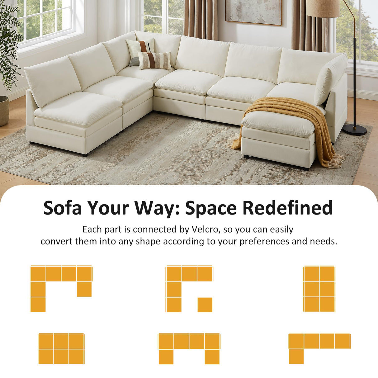 VANOMi 98" Cloud Modular Sectional Sofa Couches for Living Room, Oversized Modern Sleeper Sofa with Deep Seat Double-Layer Thick Cushion Ottoman, Convertible Upholstered Sofa Set, Ivory White VANOMi
