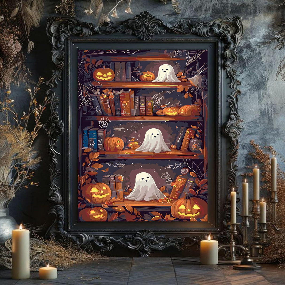 stnckic Halloween Paint by Number kit for Adults, Ghosts Adults' Paint-by-Number Kits on Canvas Bookshelf Easy Acrylic Oil Painting by Number for Adults for Home Decor Gift 16x20 Inch stnckic
