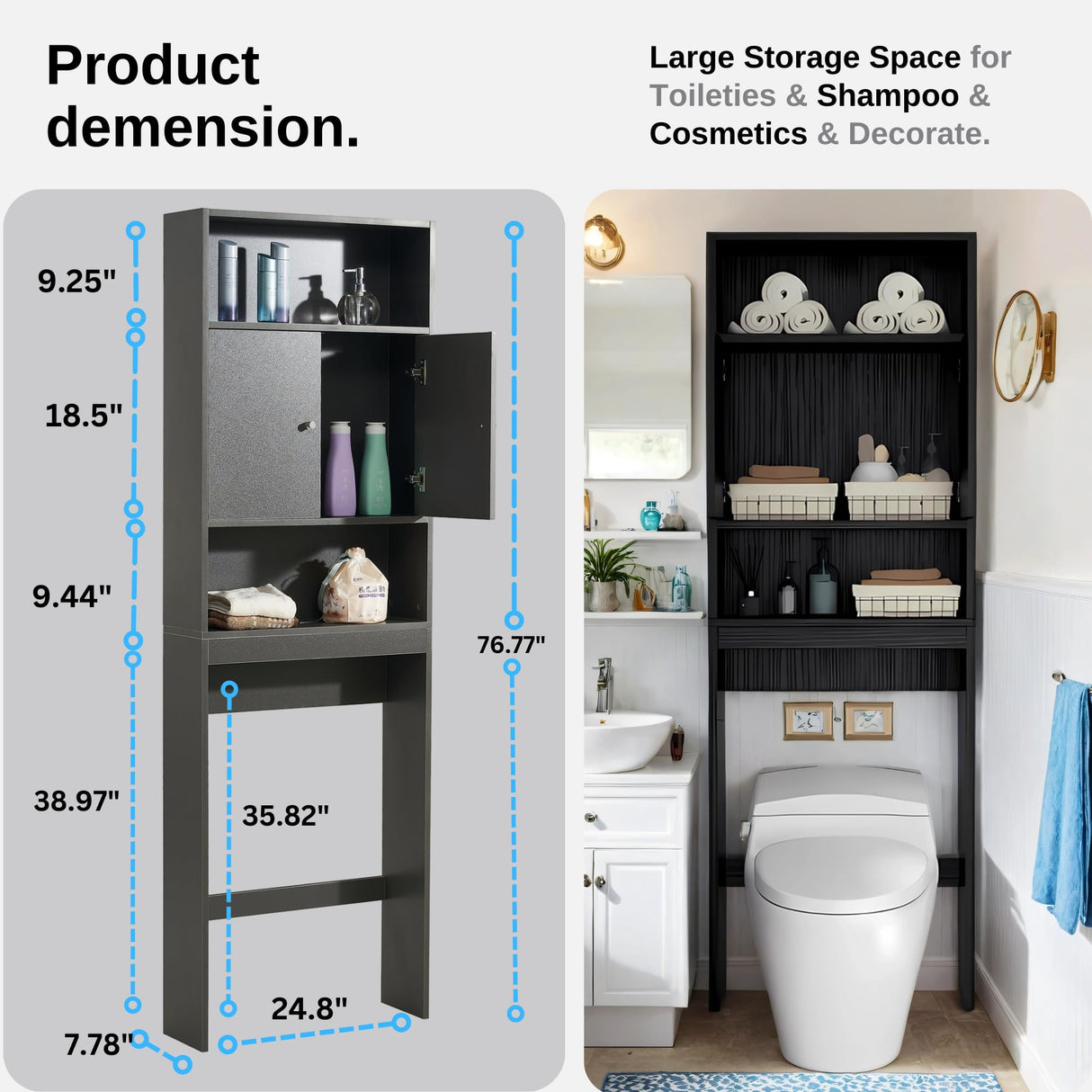 Tydaris Over The Toilet Storage Cabinet – Wood Bathroom Shelf Above Toilet with Double Doors, Bathroom Storage Cabinet Organizer, Black Tydaris