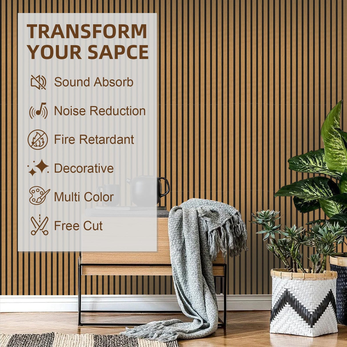 Wood Acoustic Panels Pack of 4, Soundproof Paneling for Interior 47.24”L*12.6”W, Decorative Slat Wall Panels for Noise Reduction, Paper Veneer Brown mondaria