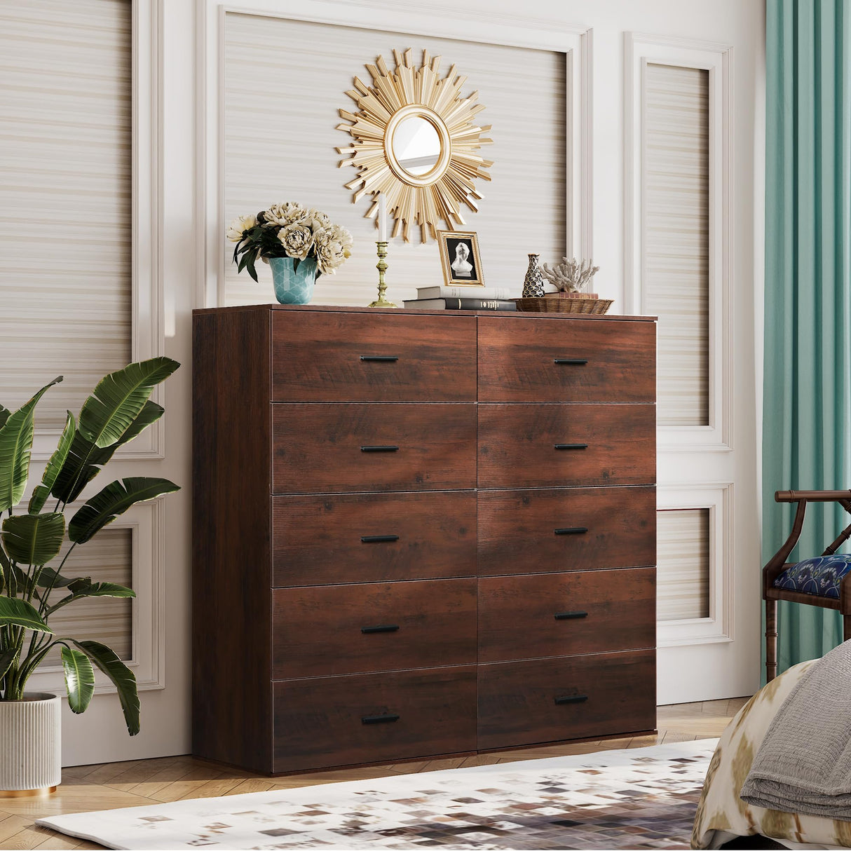 WLIVE Tall Dresser for Bedroom, Wood Chest of Drawers with Mental Handles, Brown Bedroom Dresser with 5 Drawers, Modern Minimalist Closet Store Organizer for Living Room, Hallway WLIVE