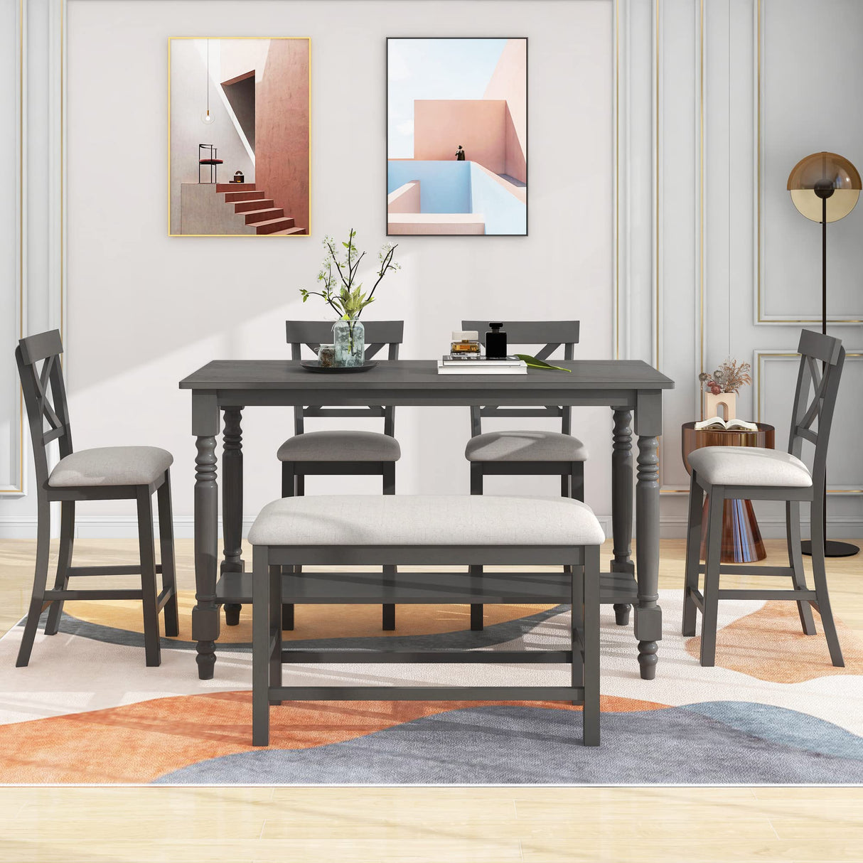Bellemave Kitchen Dining Table Set for 6, Counter Height Dining Table with Shelf, 4 Chairs and Bench, 6 Piece Wood Rectangular Dining Room Set, Easy Assembly (Gray) Bellemave