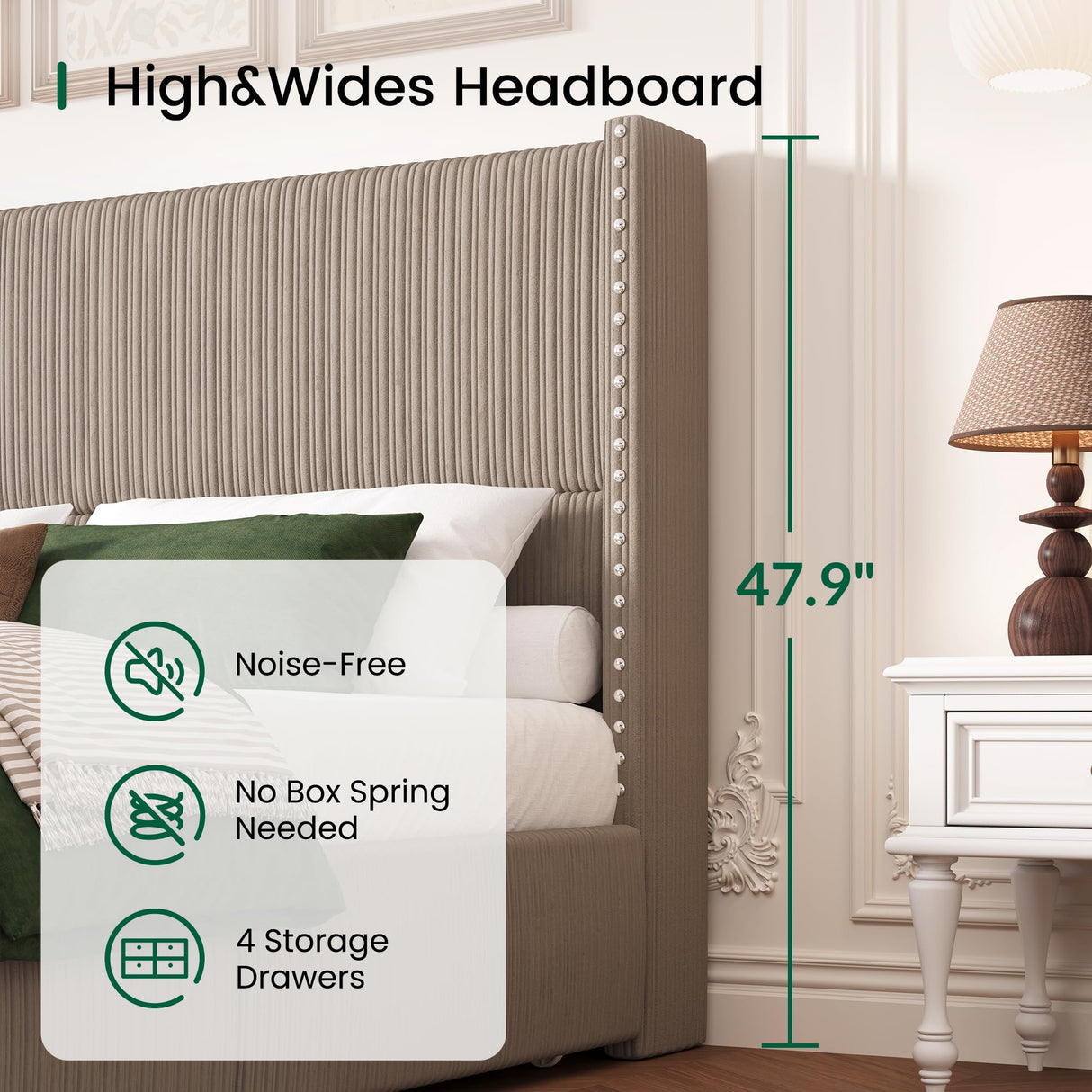 LARMACE King Size Bed Frame with 4 Storage Drawers,Corduroy Upholstered King Size Platform Bed Frame with Tufted Vertical Stripe,Solid Wood Leg/No Box Spring Needed/Noise Free,Brown LARMACE