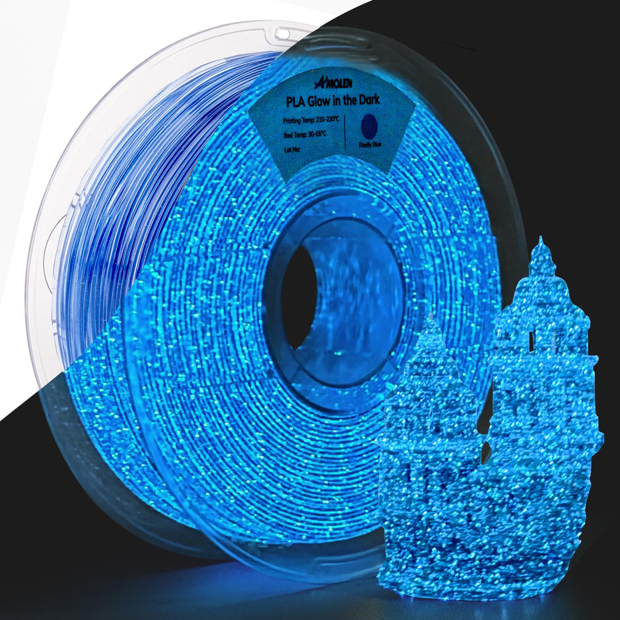 AMOLEN 3D PLA Printer Filament, 1.75mm Glow in The Dark Shiny Firefly Blue PLA Filament for 3D Printing, Best with UV Lamps, 1kg Spool (2.2lbs), Dimensional Accuracy +/- 0.02 mm, Fit Most 3D Printers AMOLEN
