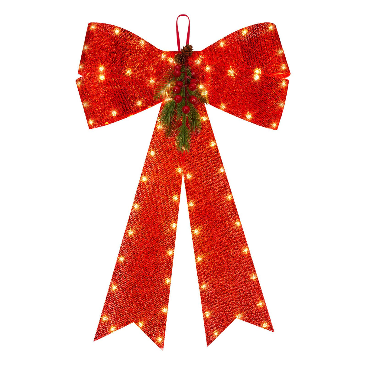 LED Red Bows Christmas Decorations, 16'' x 24'' Christmas Bows for Wreaths with Timer, Tree Topper Bow with Realistic Red Berries Pine Cone Needles for Christmas, Party, Home Decoration Brightown