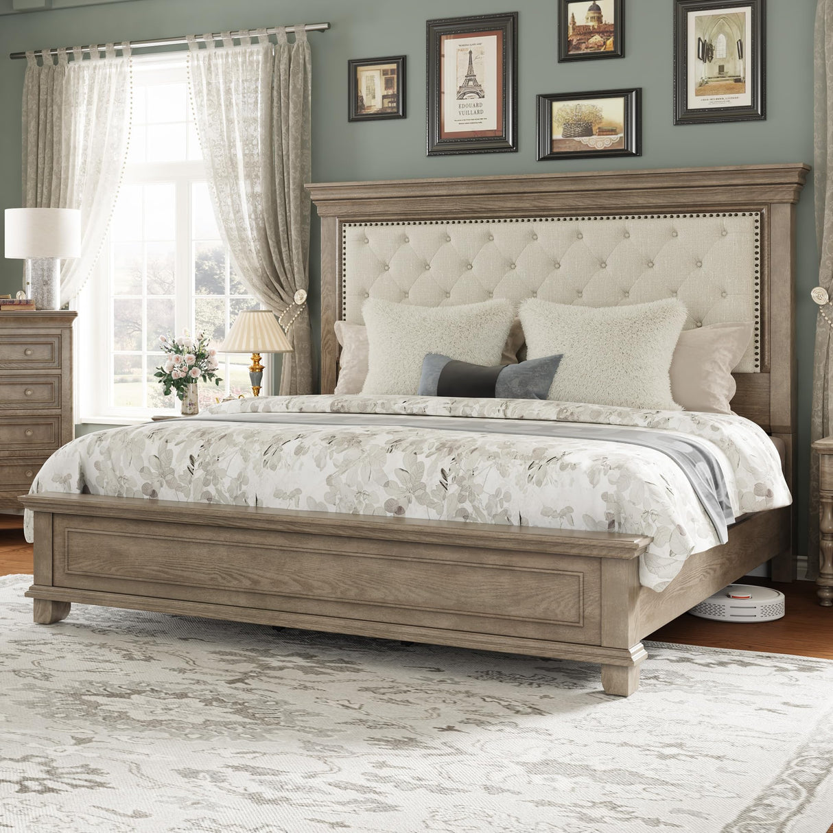 LUXOAK Solid Pine Wood King Bed Frame with 69" High Upholstered Headboard, Transitional Style Platform Bed, No Box Spring Needed & Easy Assembly, Button-Tufted Chenille Fabric, Antique Taupe LUXOAK