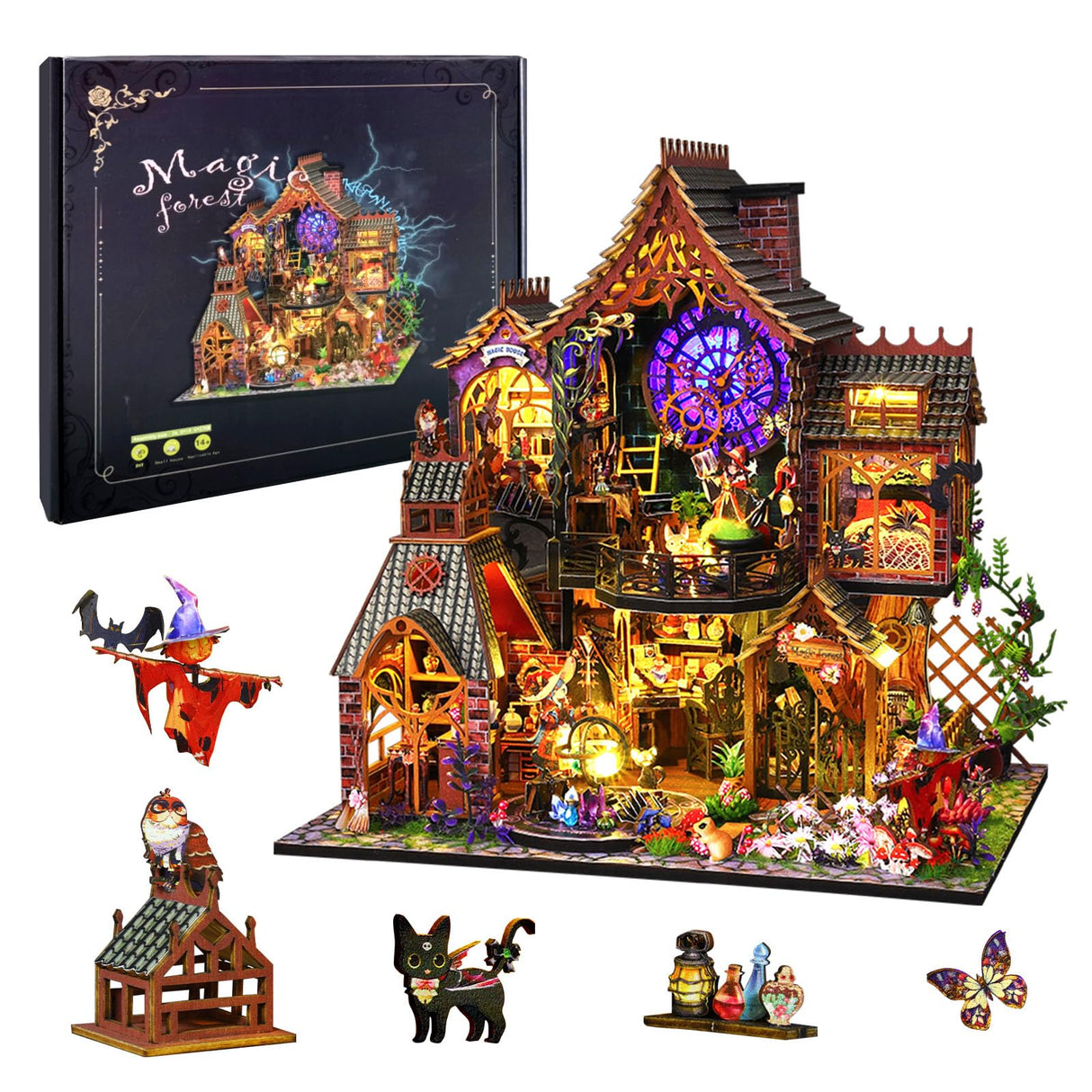 OurMiao DIY Miniature House Kit Magic Forest, Mini Doll House Building Kit with LED Lights Furniture, Miniature Dollhouse Kit Wooden Crafts for Adults Teens Gifts OurMiao