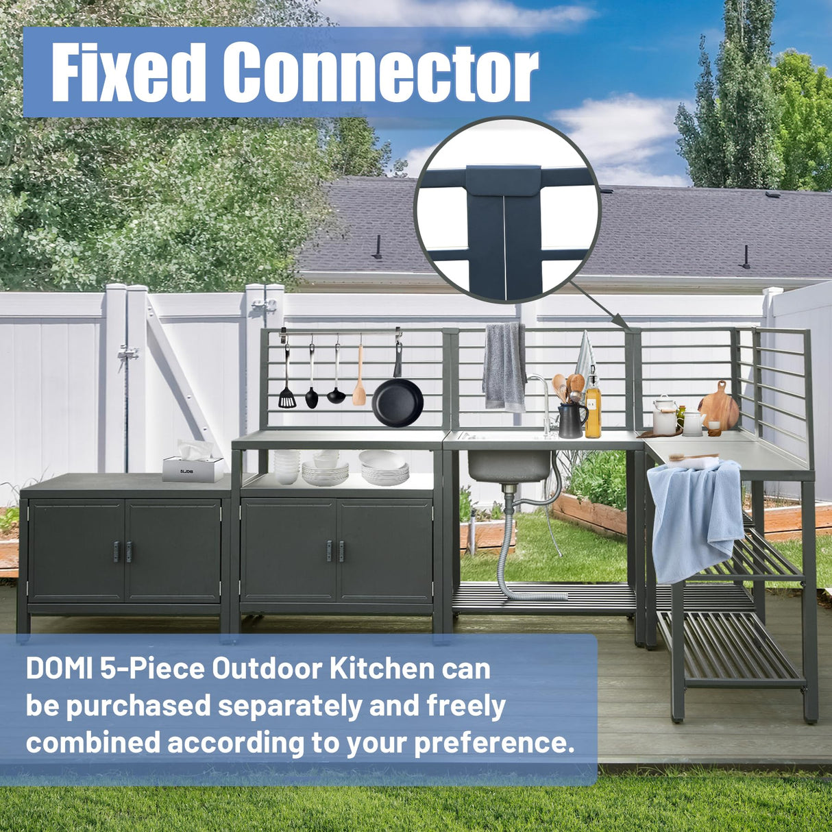 Domi 5-Piece Outdoor Kitchen Island with Storage, Aluminum Kitchen Islands Stainless Steel Sink w/Faucet, Corner Bar Storage Cabinet, Outdoor Kitchen with Protective Cover for Deck, Patio domi outdoor living
