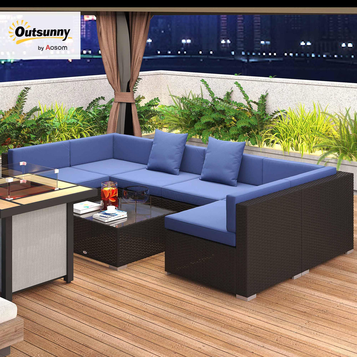 Outsunny 7-Piece Patio Furniture Sets Outdoor Wicker Conversation Sets All Weather PE Rattan Sectional Sofa Set with Cushions & Tempered Glass Desktop, Dark Blue Outsunny