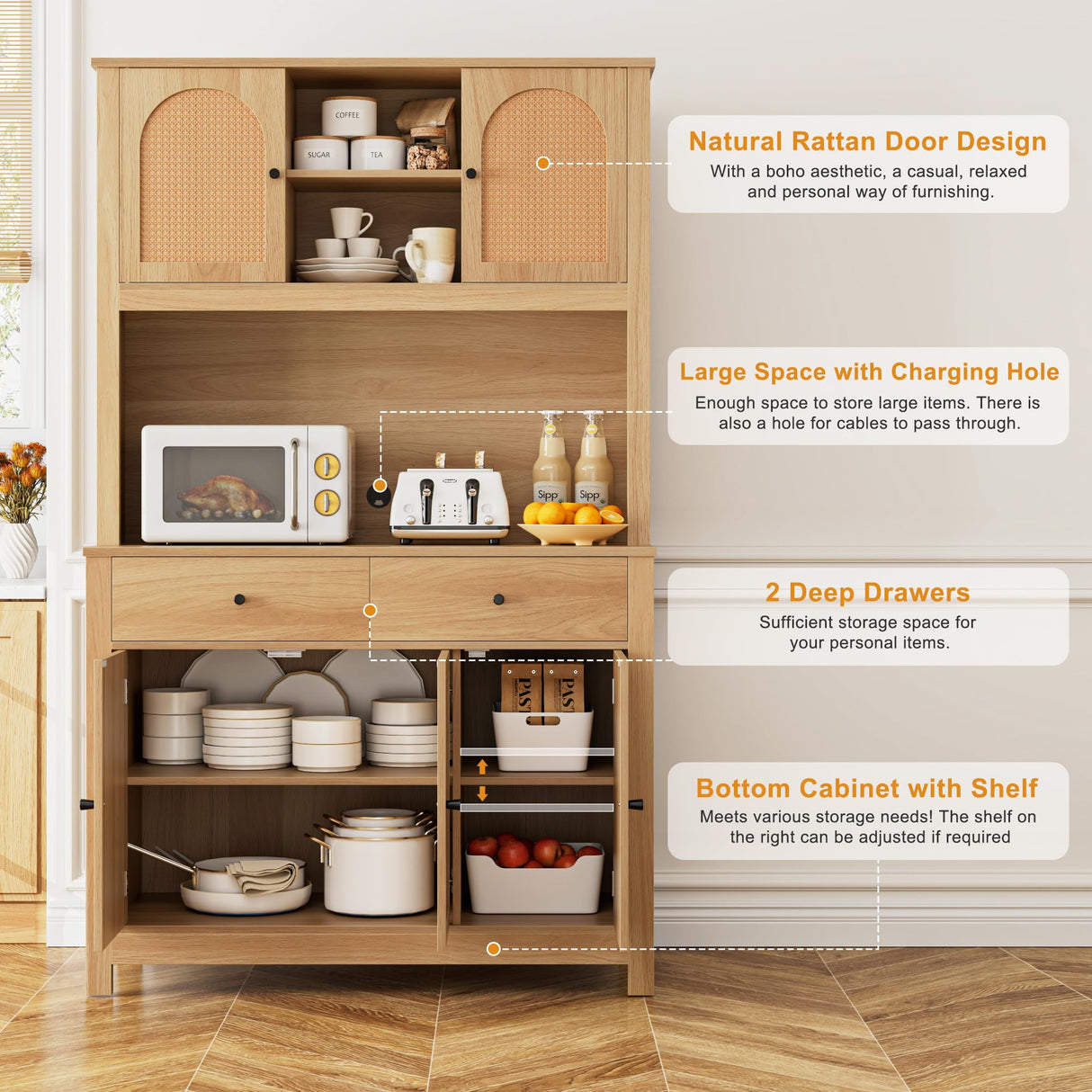 finetones 71" Tall Kitchen Pantry Cabinet, Kitchen Cabinet Hutch Cabinet with Rattan Doors and Microwave Stand, Rattan Kitchen Hutch Food Pantry Cabinet with Drawers & Shelves for Kitchen, Walnut finetones