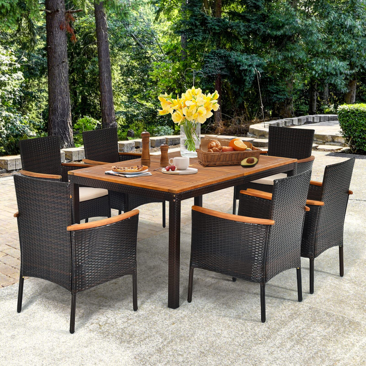 Toolsempire 7 Pieces Patio Dining Set Outdoor Dining Set with Umbrella Hole, Wicker Patio Furniture Set with Acacia Wood Table and Chairs, Garden Dining Table Set for Backyard, Desk, Poolside (Brown) Toolsempire
