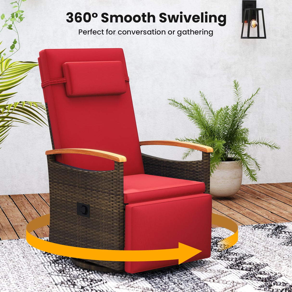 Tangkula Patio Rattan 360 Degree Swivel Recliner Chair, Wicker Lounge Chair w/Adjustable Backrest & Footrest, Cushioned Push Back Reclining Seat w/Flip Side Table for Porch, Yard, Lawn (Red,2) Tangkula