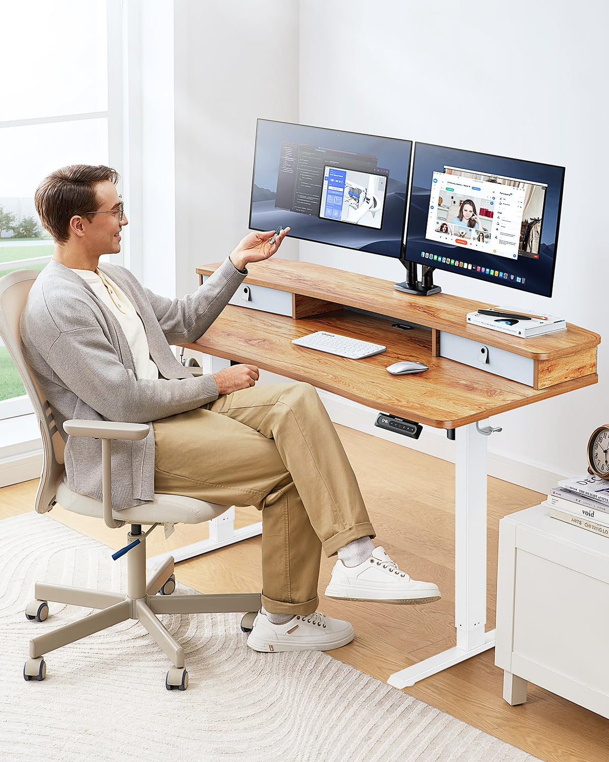 HUANUO 48″ x 24″ Electric Standing Desk with 2 Drawers, C-Clamp Mount Compatible, Height Adjustable Computer Desk, Home Office Stand Up Desk with 4 Preset Heights & 2 Hooks, Light Vintage HUANUO