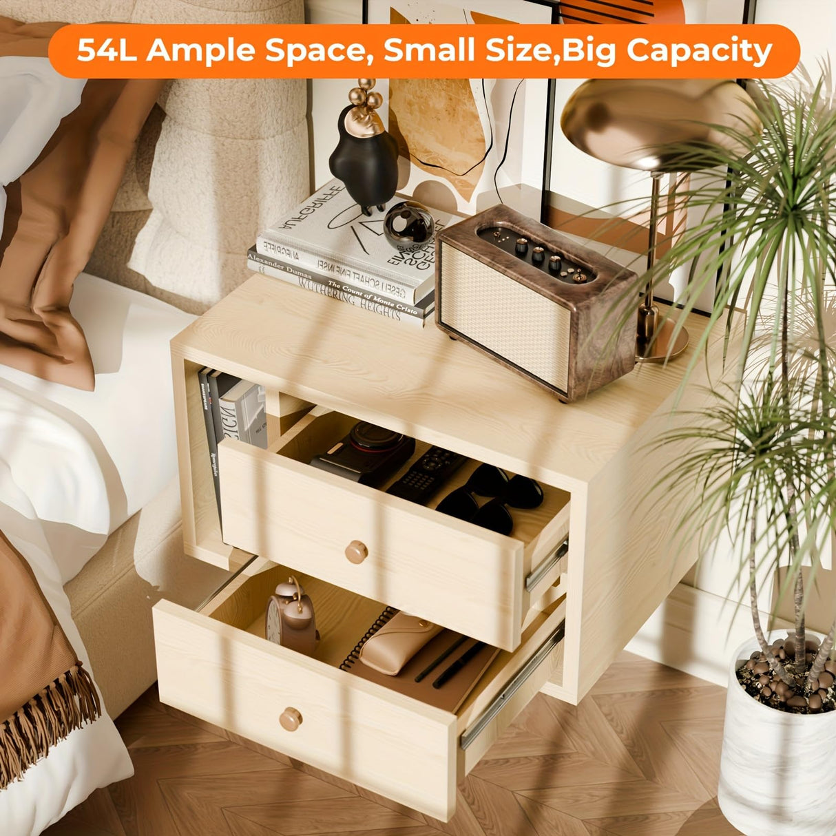 Floating Nightstand Set of 2 with Drawers, Small Bedside End Table with Open Storage Shelf, Modern Floating Night Stand for Bedroom, Wood Wall Mounted Desk with 2 Drawers for Living Room (Natural) Gyfimoie