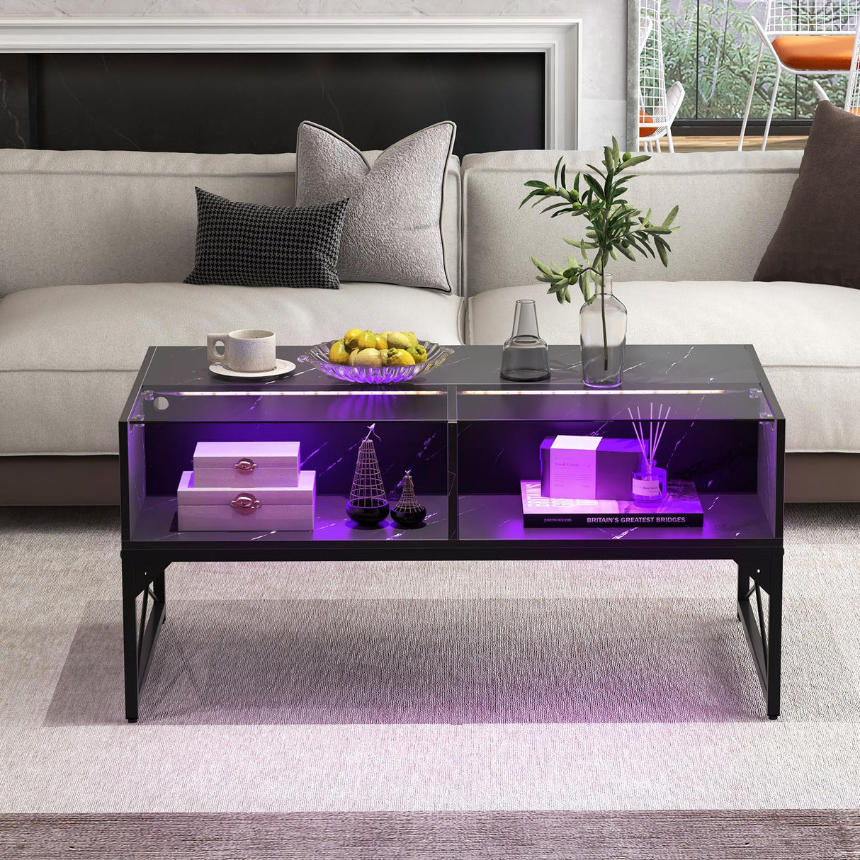 Giantex LED Coffee Table, High Gloss Coffee Tables with 4 Storage Cubes, 20-Color Lights, Remote Control, Faux Marble & Tempered Glass Top, Modern Accent Rectangle Center Table for Living Room (Black) Giantex