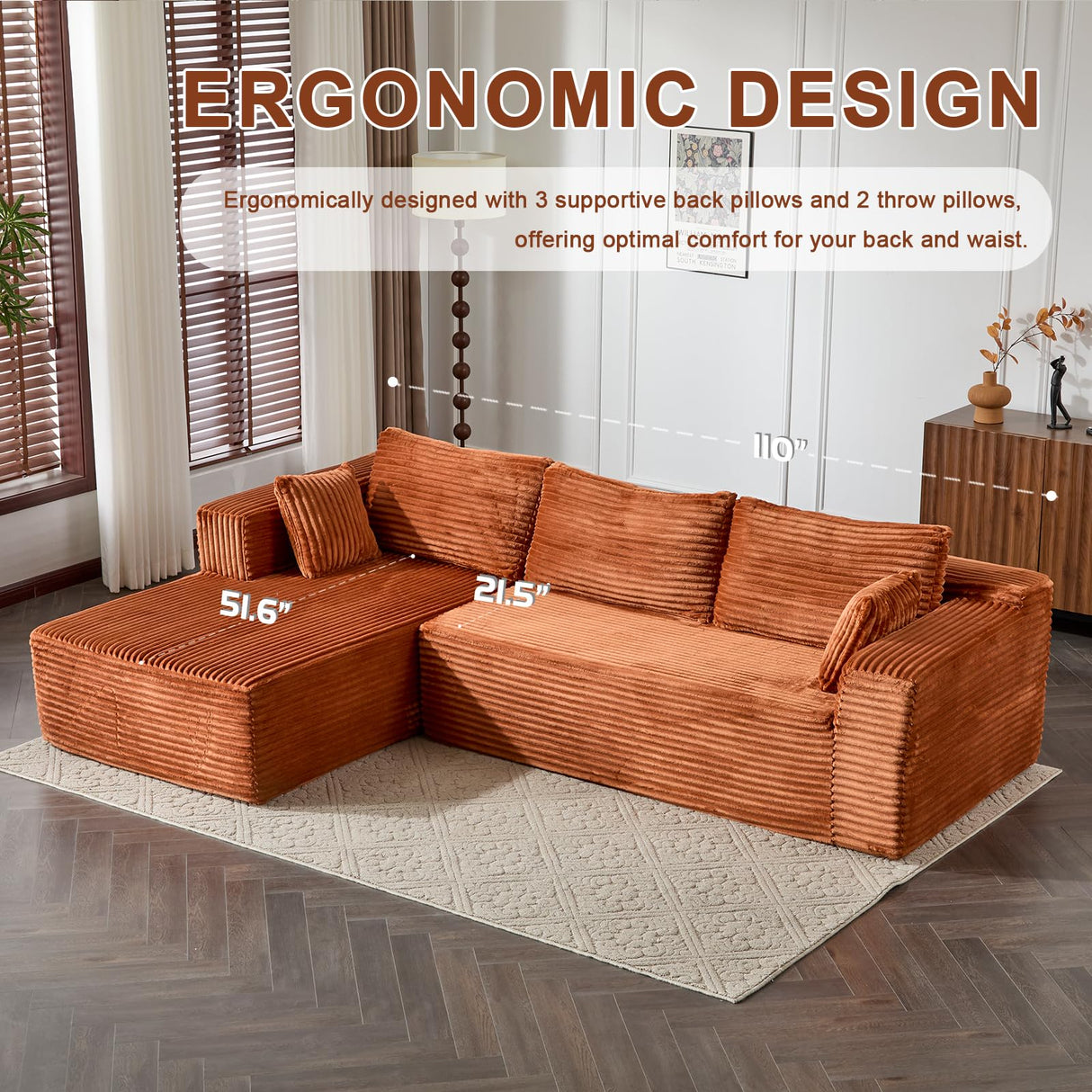 110" Modular Sectional Sofa with L-Shape Chaise, Boneless Cloud Couch with Deep Seat, Sponge Compression Sofas No Assembly Required, Upholstered Couches for Living Room Bedroom, Corduroy (Brown) ETCZOYE