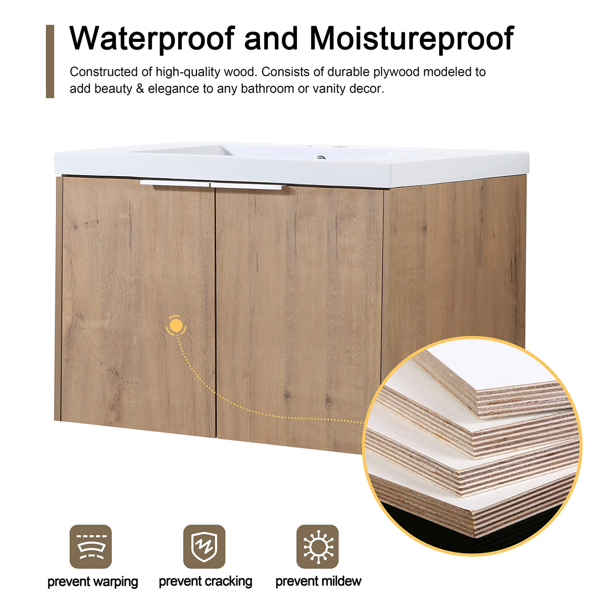 JENTORIA 72" Bathroom Vanity with Sink, 72 Inch Floating Vanity, Double Sink Wall Mounted Vanity Combo, Modern Brown Bathroom Vanity Set with 4 Doors and White Basin Sink JENTORIA