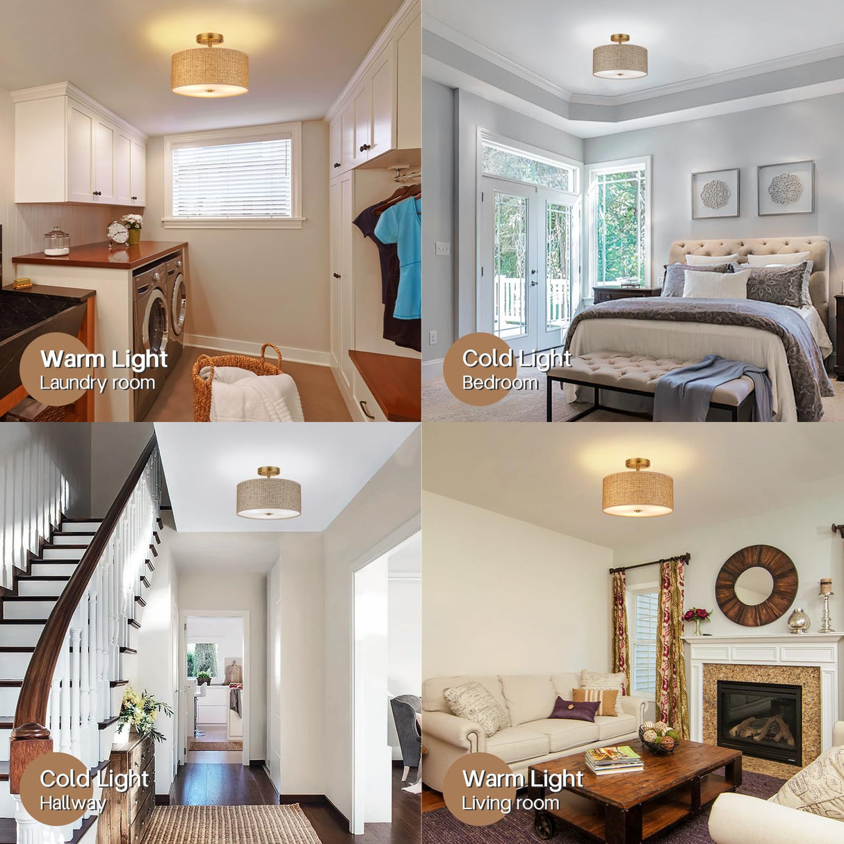 CLARSYNE 13" Woven Rattan Boho Ceiling Light Fixture, 3-Light Modern Semi Flush Mount Lamp with Drum Fabric Shade, Rustic Brown Lighting for Bedroom, Dining Room, Living Room, Hallway, Entryway CLARSYNE