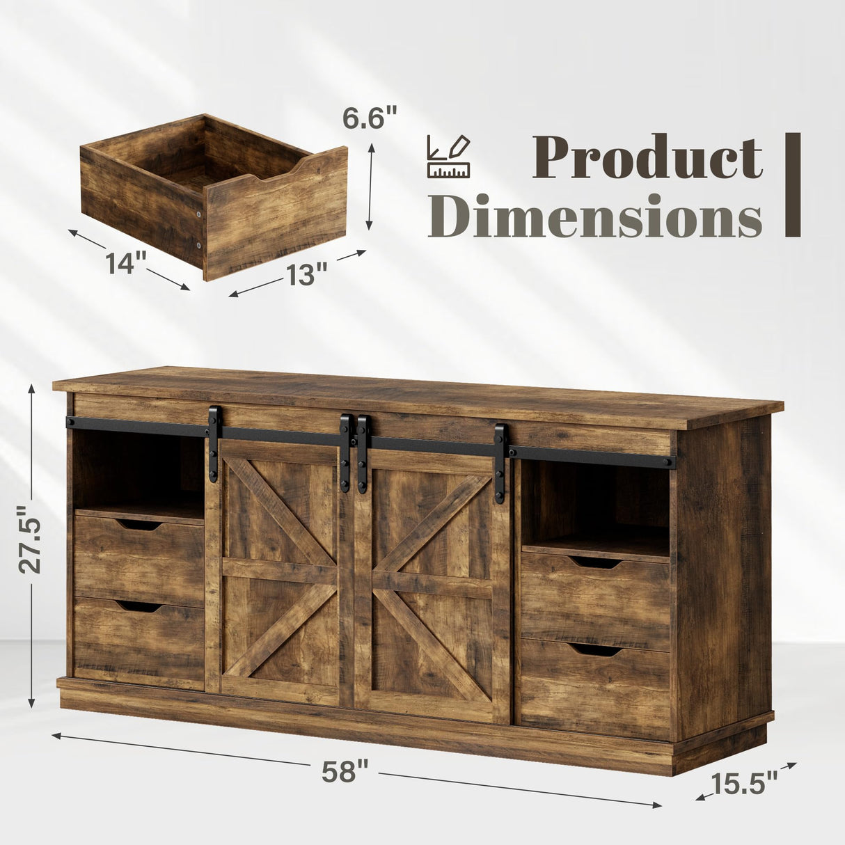 YESHOMY TV Stand for Televisions up to 65 Inchs, with Sliding Barn Doors and 4 Storage Drawers, Console Table and Media Furniture for Living Room, 58 Inch, Barnwood YESHOMY