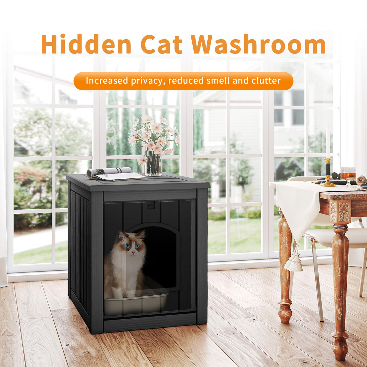 KFY Cat Litter Box Enclosure Multi-Functional Hidden Litter Box Furniture with Raised Floor Easy to Clean Easy Assembly for Living Room Bedroom, Black KFY