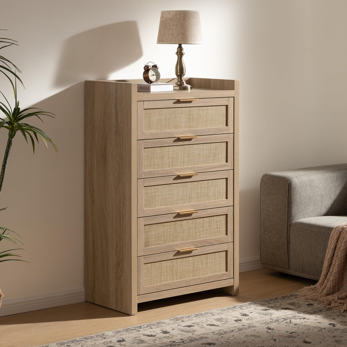 SICOTAS Dresser for Bedroom Chest of Drawers 46" Tall Dresser for Closet with 5 Rattan Drawers Boho Night Stand Large Clothes Storage Cabinet for Living Room Hallway Nursery Entryway SICOTAS