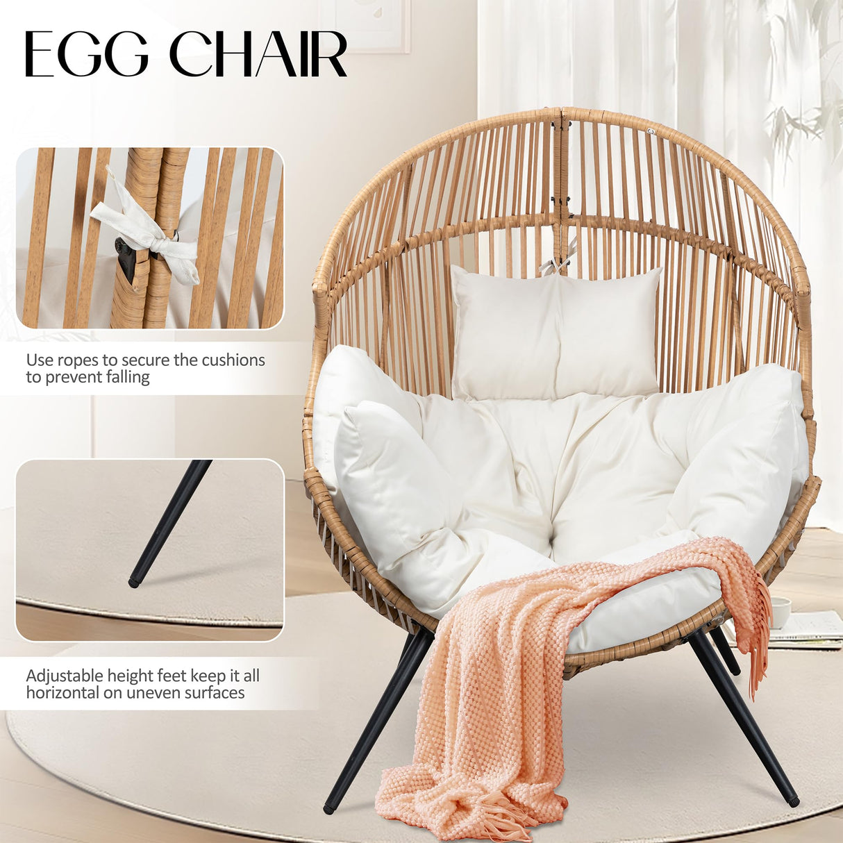 JAMFLY Egg Chair Outdoor Wicker Patio Chair, Oversized Lounger Chair with Cushion Egg Basket Chair for Indoor Living Room Bedroom Outside Patio Backyard Balcony JAMFLY