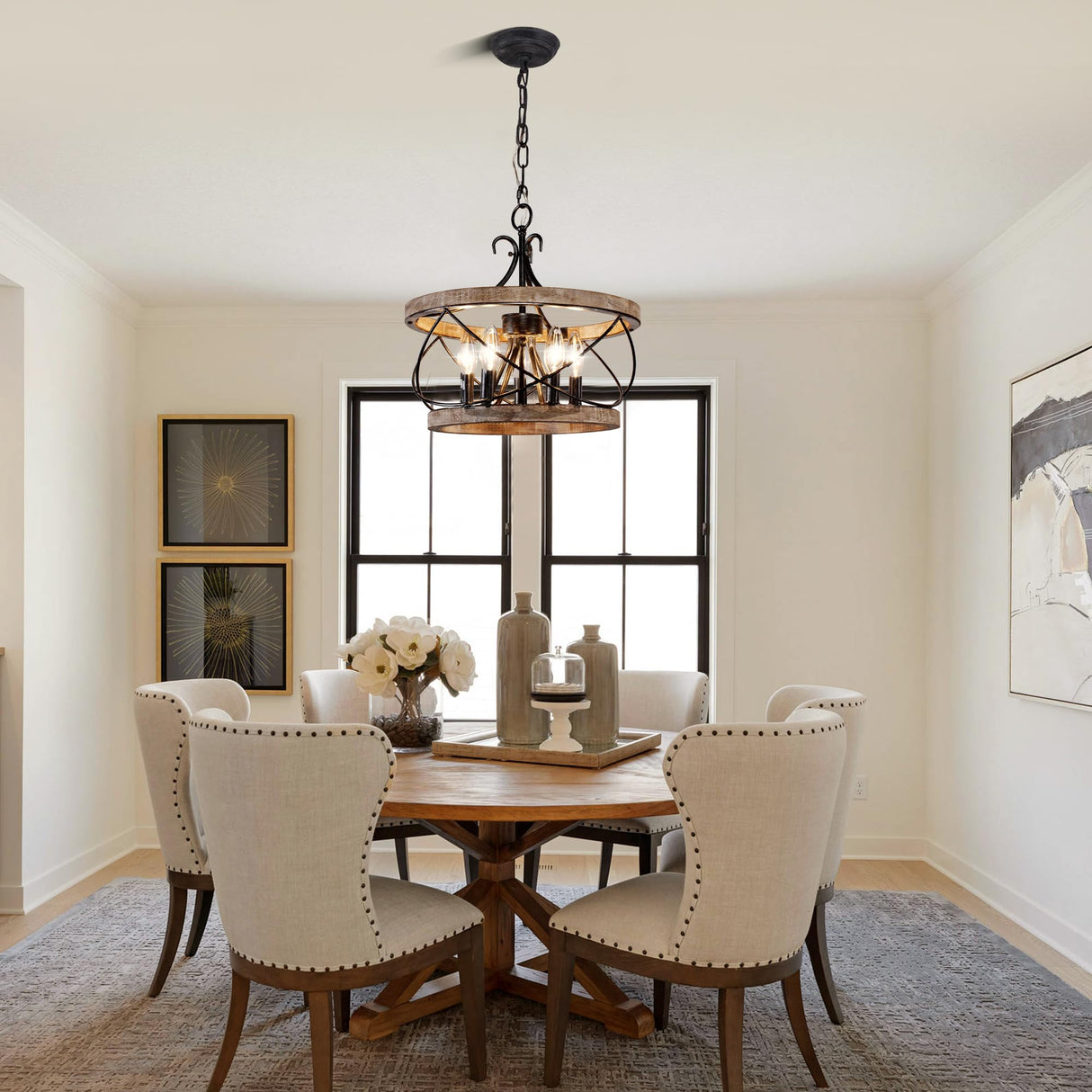 Dawn Whisper Farmhouse Chandelier, 15.7" Rustic Drum Chandelier Light Fixture Over Table, 5-Light Candle Wood Chandelier for Dining Room, Kitchen Dawn Whisper