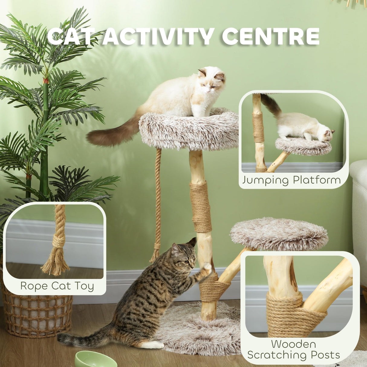 PawHut Cat Tree Tower, 35 Inch Modern Cat Tree for Indoor Adult Cats with Wooden Natural Branch Scratching Posts, Cat Bed & Rope Cat Toy, Brown PawHut