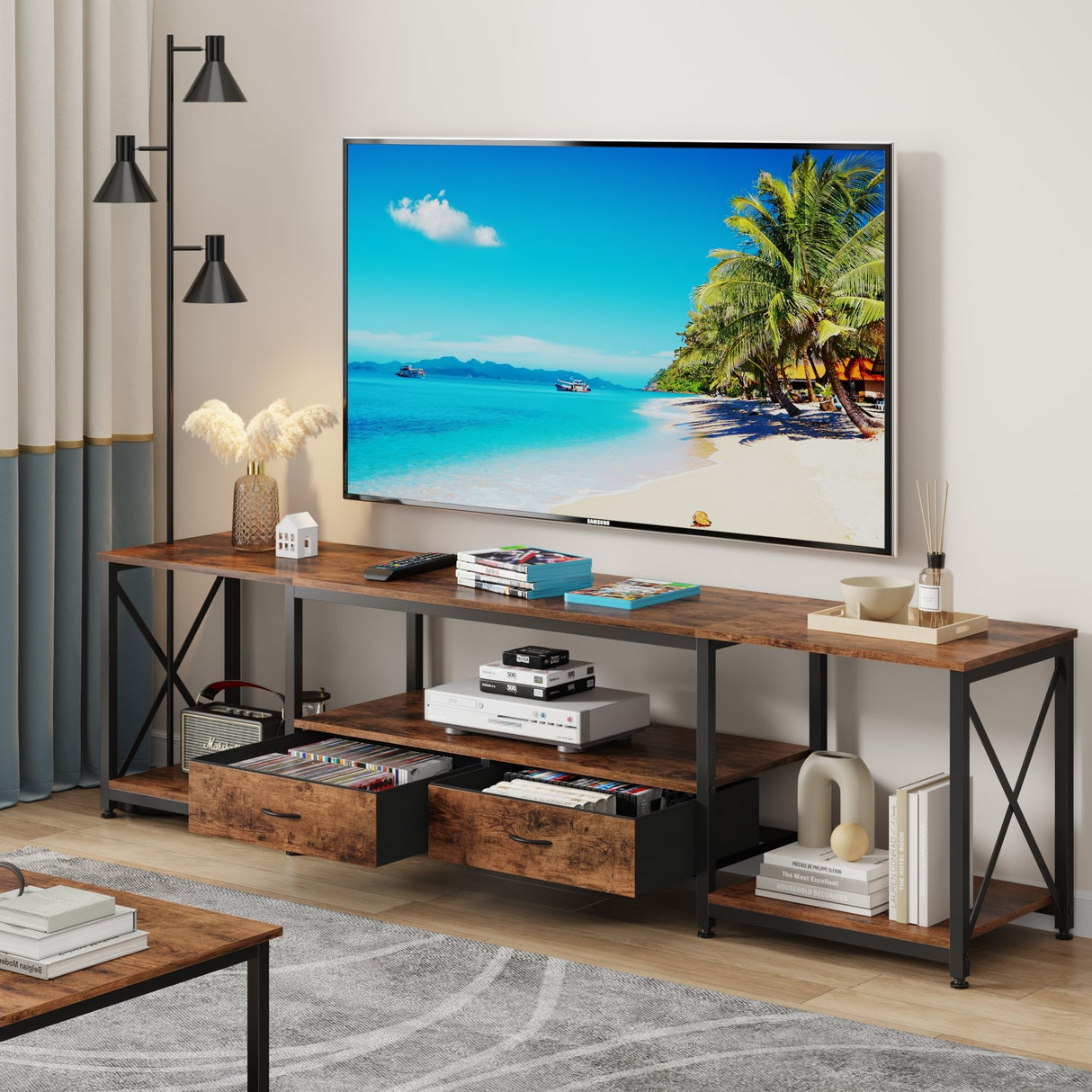 GYIIYUO TV Stand with Fabric Drawers for 80 85 Inches TV - Entertainment Center and Industrial TV Console Table with Open Storage Shelves for Living Room, Bedroom- 79.1" Rustic Brown GYIIYUO