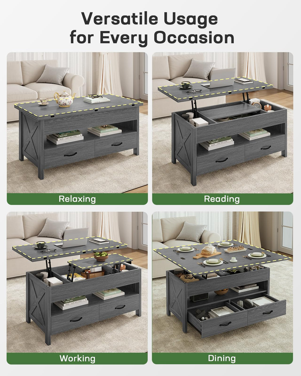 Marsail Lift-Top Coffee Table, 4-in-1 Multi-Functional Center Table with Hidden Compartment, 2 Drawers & Open Shelf, Adjustable Height for Living Room Office, Gray Marsail