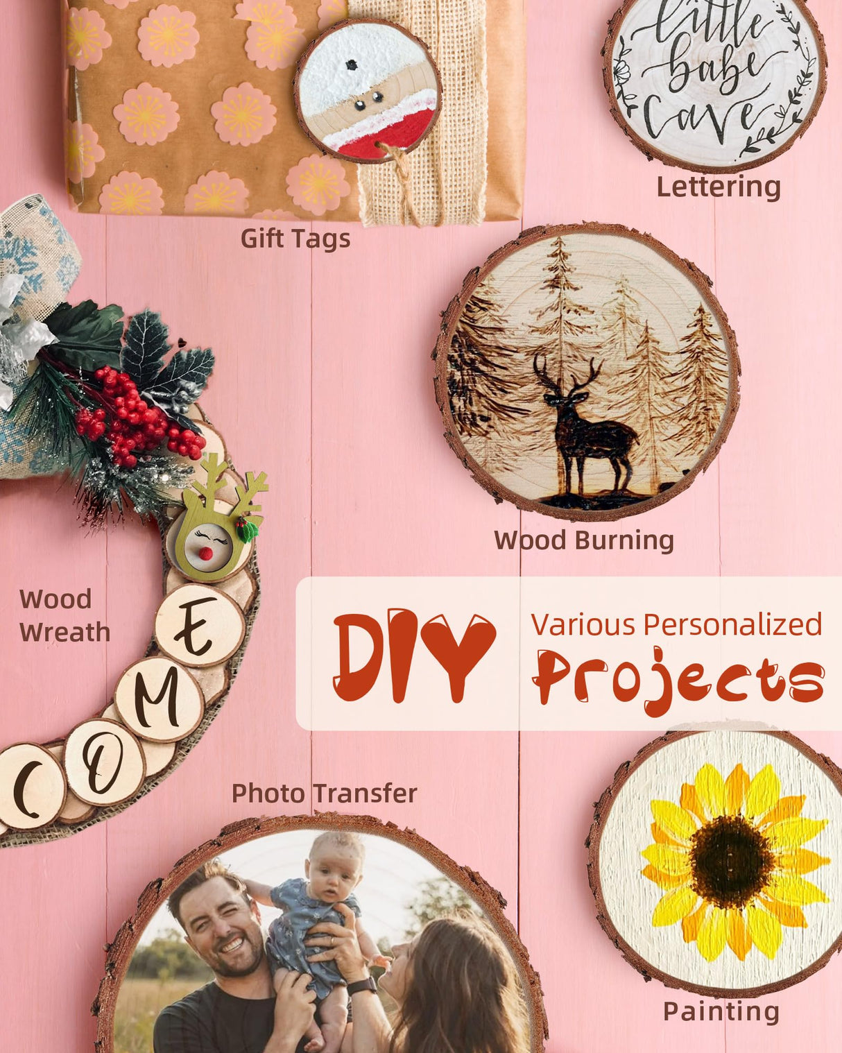 Travlog Unfinished Wood Slices with Hole, Natural Wooden Circles with Bark for DIY Crafts, Home Decor, Christmas Ornaments (30Pcs, 3.5-4 Inch) Travlog