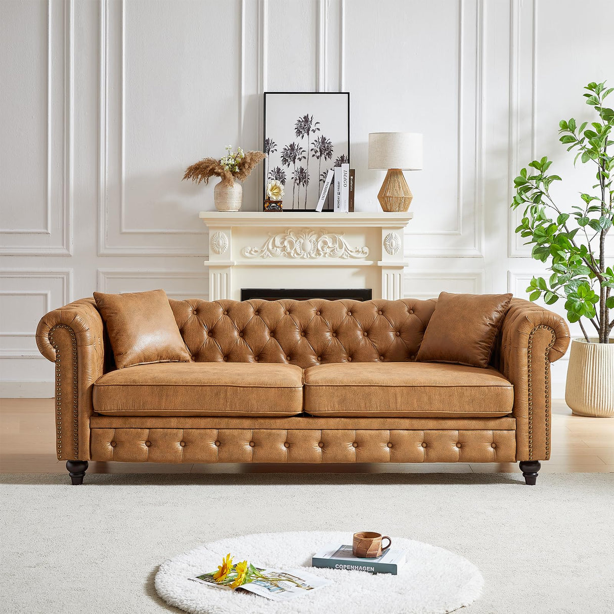 Mid Century Modern Couch, 85.5"W High-tech Fabric Button Tufted Oversized Loveseat Sofa with Nailhead Trim & Roll Armrests, Deep Seat Comfy Chesterfield Sofa for Living Room, Office(3 Seater, Brown) JEEOHEY