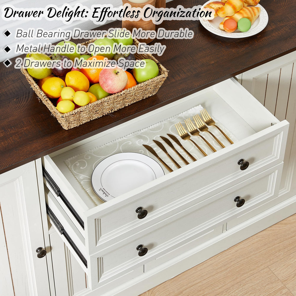 IFGET Farmhouse Sideboard Buffet Cabinet with Storage, 58'' Large Coffee Bar Stroage Cabinet with 2 Drawers and 4 Doors, Wood Rustic Accent Cabinet for Dinning Room, Hallway, and Living Room, Whtie IFGET