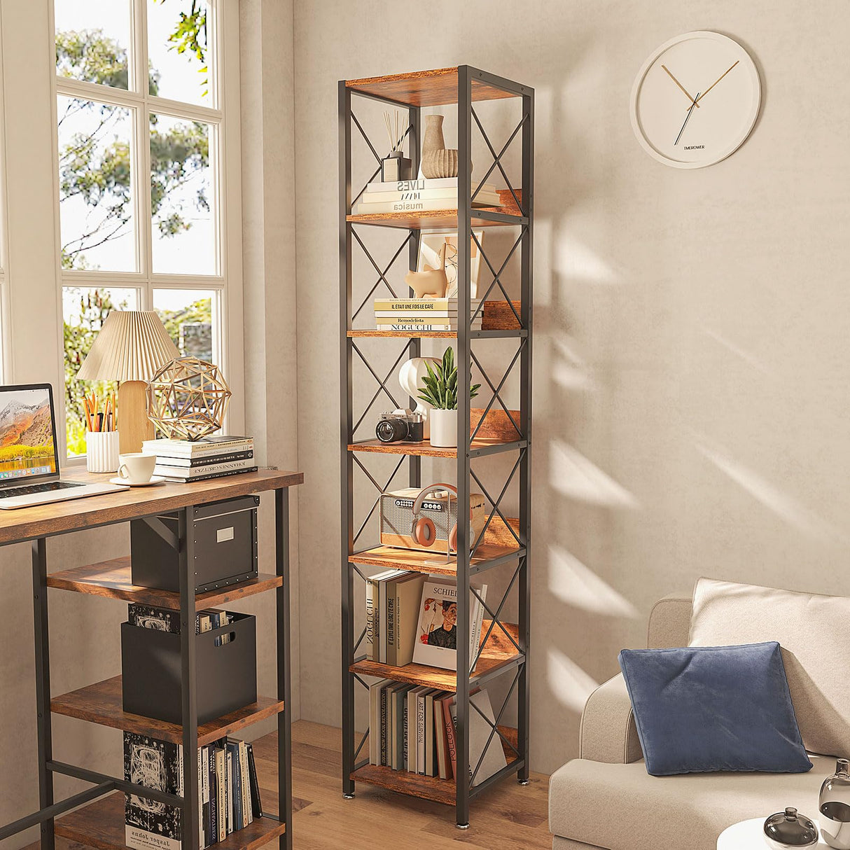 IBUYKE 6-Tier Tall Narrow Corner Bookcase for Small Space Storage in Rustic Brown IBUYKE
