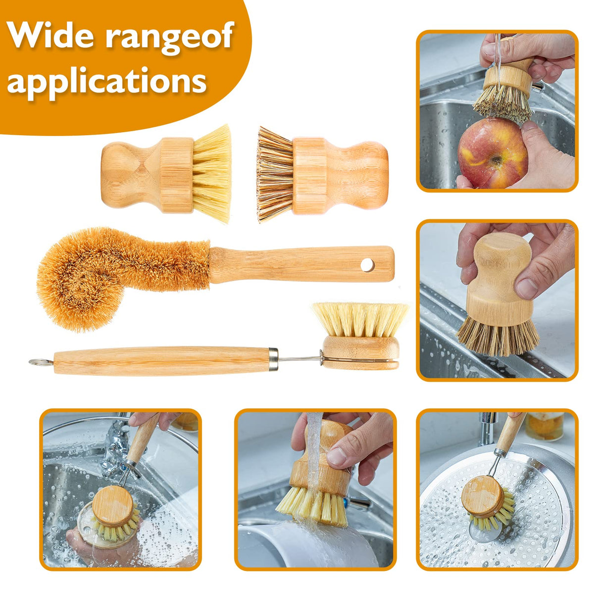 SAMEBUTECO Bamboo Dish Brushes Sets 4 Tools in One Kitchen Clean Dish Scrubber for Pots Pans Bottles with Natural Bristles (Bamboo Brushes Sets) SAMEBUTECO