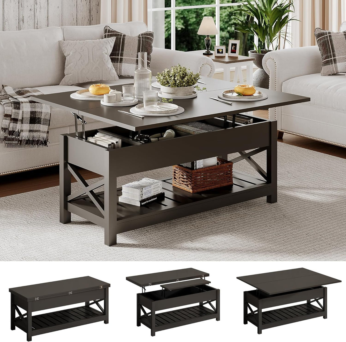 ChooChoo Coffee Table Lift Top, Multi-Function Convertible Coffee Table with Storage and Hidden Compartment, Coffee Table Converts to Dining Table for Living Room, 40 Black ChooChoo