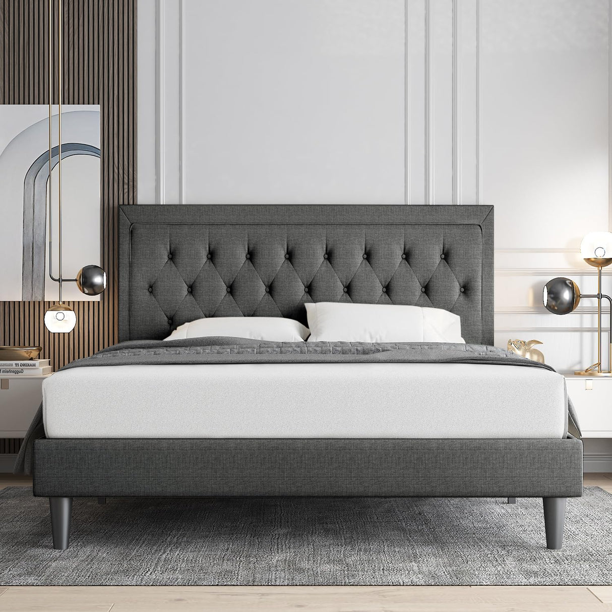 Allewie Full Size Button Tufted Platform/Fabric Upholstered Bed Frame with Adjustable Headboard/Wood Slat Support/Mattress Foundation/Dark Grey (Full) Allewie