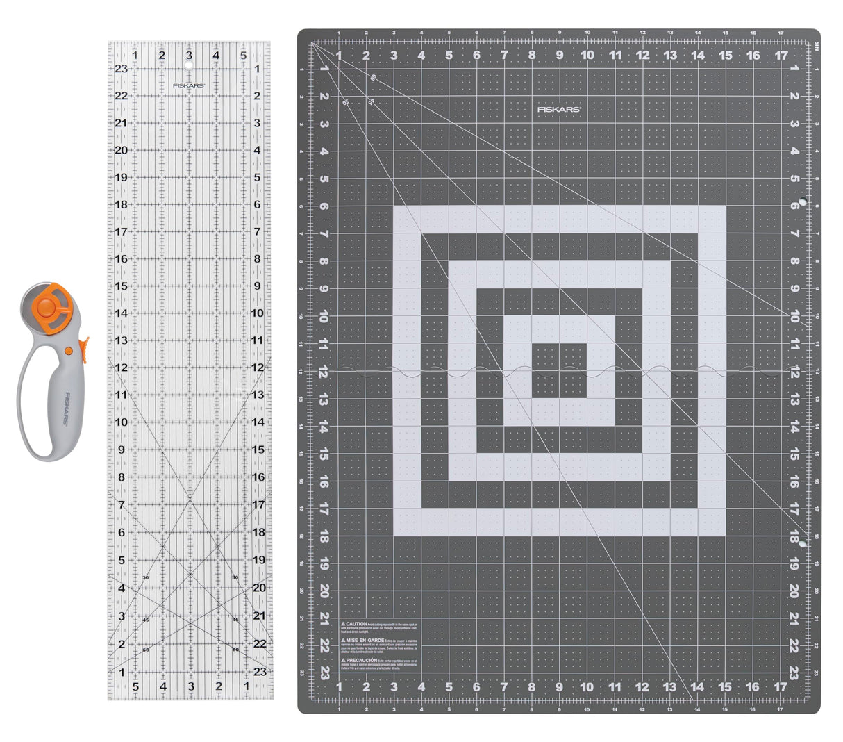 Fiskars Rotary Cutter 3-Piece Set - 45mm Blade Rotary Cutter for Fabric, Self Healing Cutting Mat, and Sewing Ruler - Craft Supplies - White/Gray Fiskars